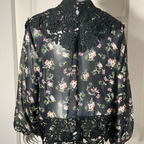 Zara Woman Premium Denim Collection Sheer Floral Black Lace Trim Blouse Size L - Picture 2 of 7